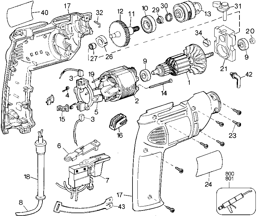 Default Diagram and Parts List for 2242-36 Type 1 Black and Decker Hammer Drill